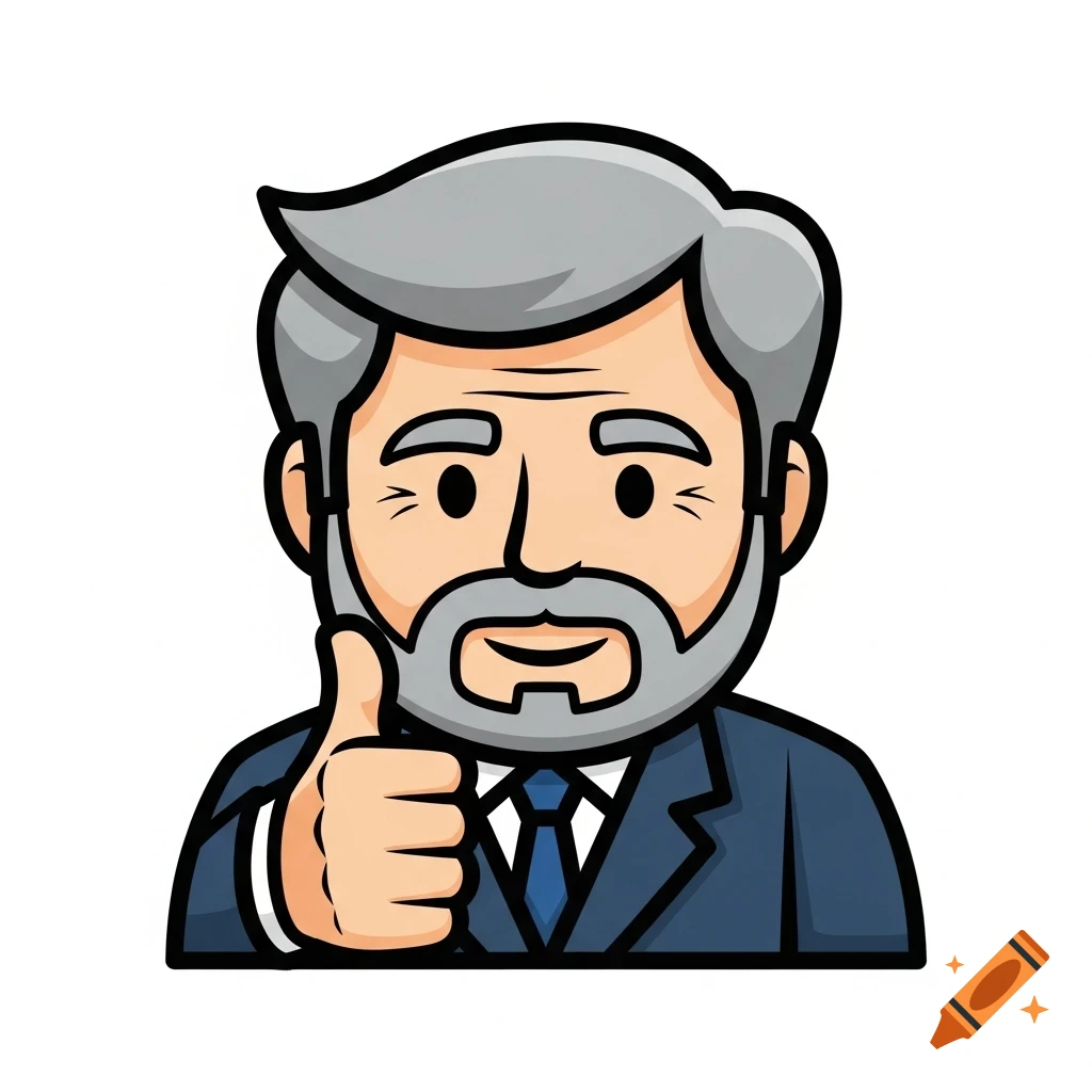 Cartoon illustration of an elder man with gray hair and a beard, wearing a suit and tie, giving a thumbs up.