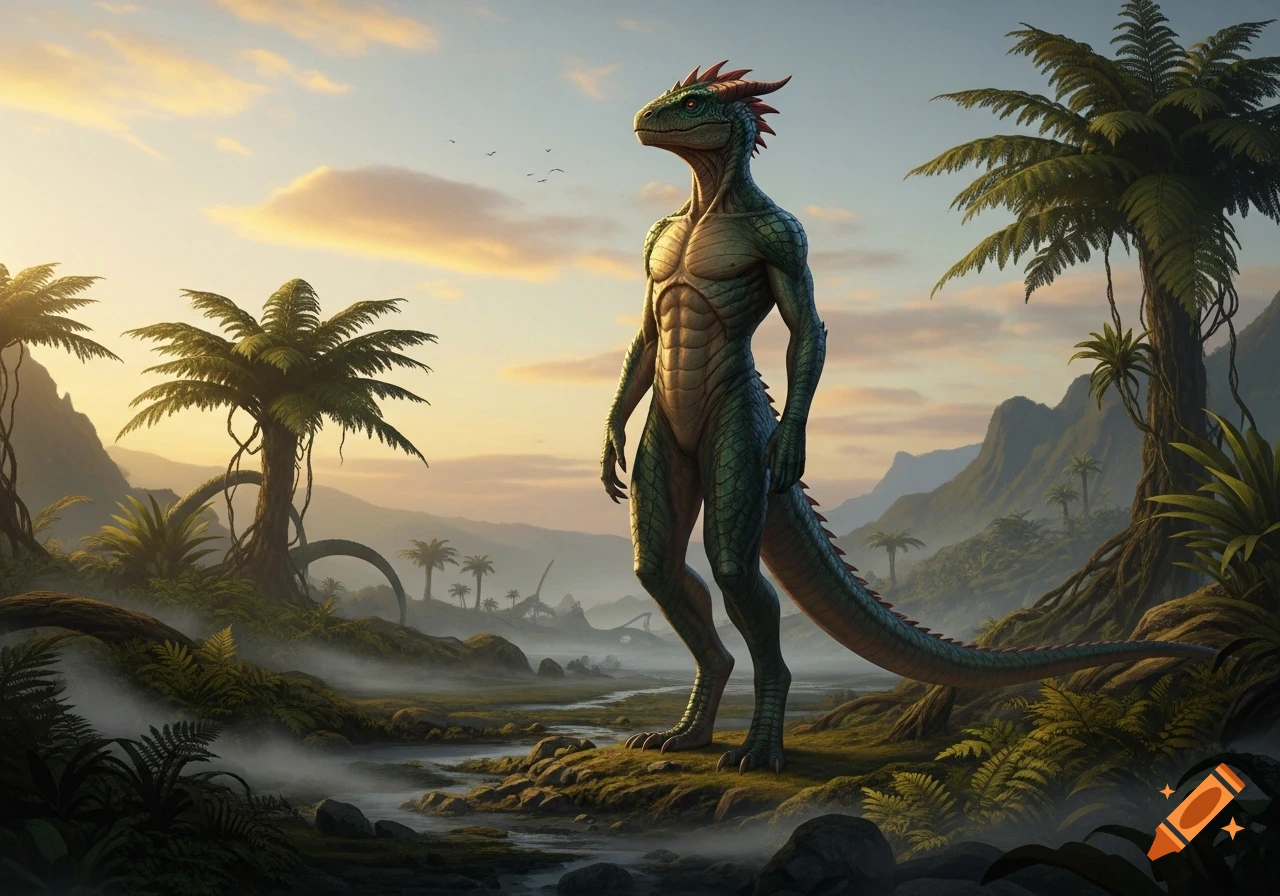 A tall, muscular green reptilian humanoid stands in a misty prehistoric jungle landscape with palm trees and mountains at sunset.