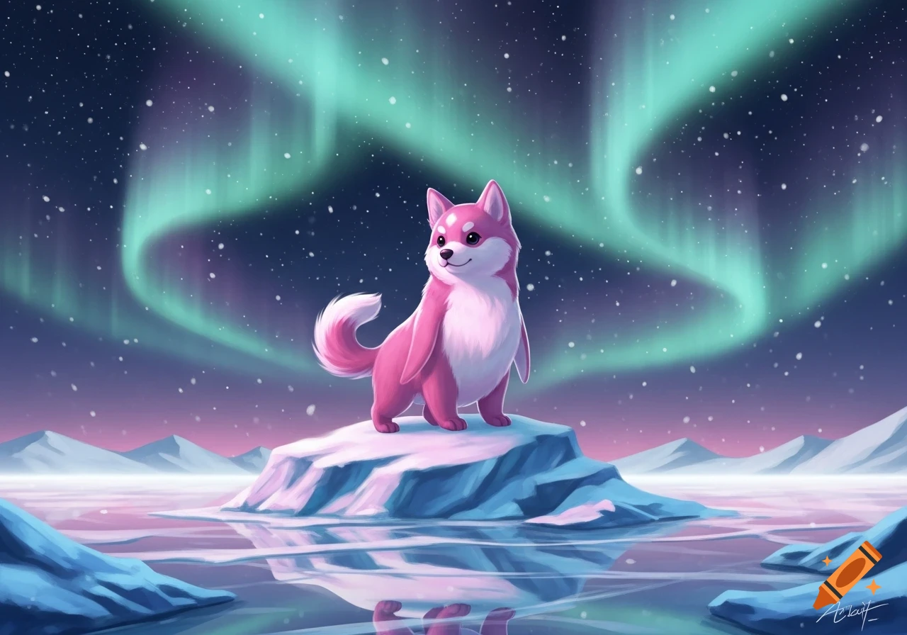 A cute, pink, stylized dog-like creature stands on an iceberg in an icy landscape under a green aurora borealis sky.