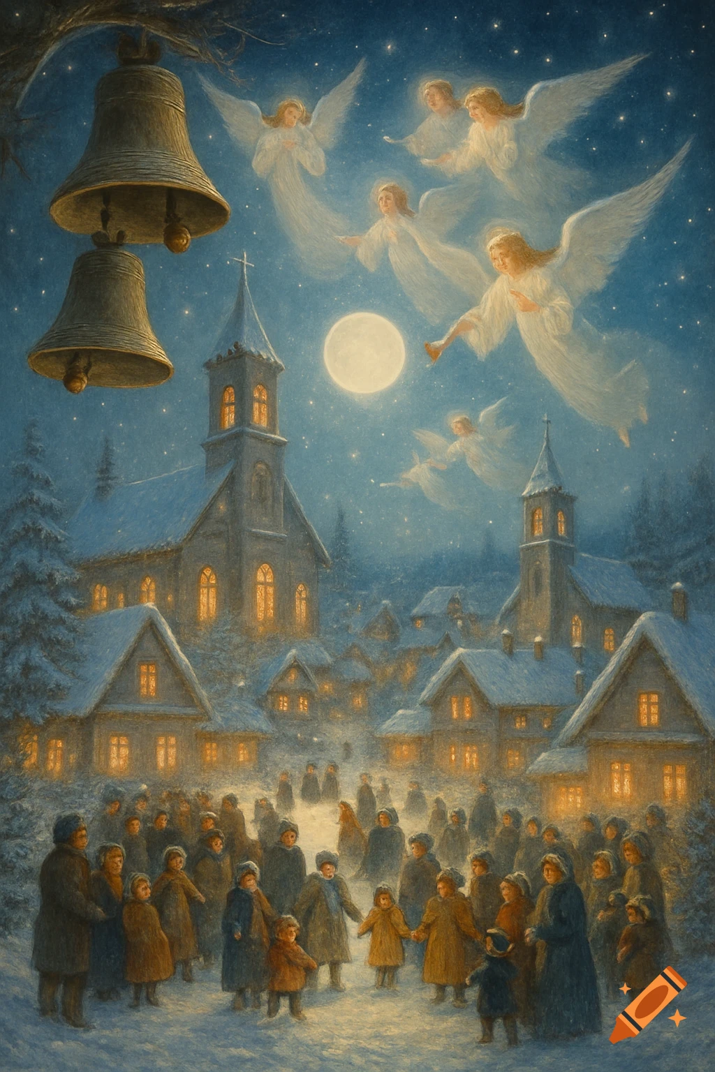 A painterly winter scene at night with a snowy village, church, and villagers gathered under large bells. Angels fly in the sky near a bright full moon.