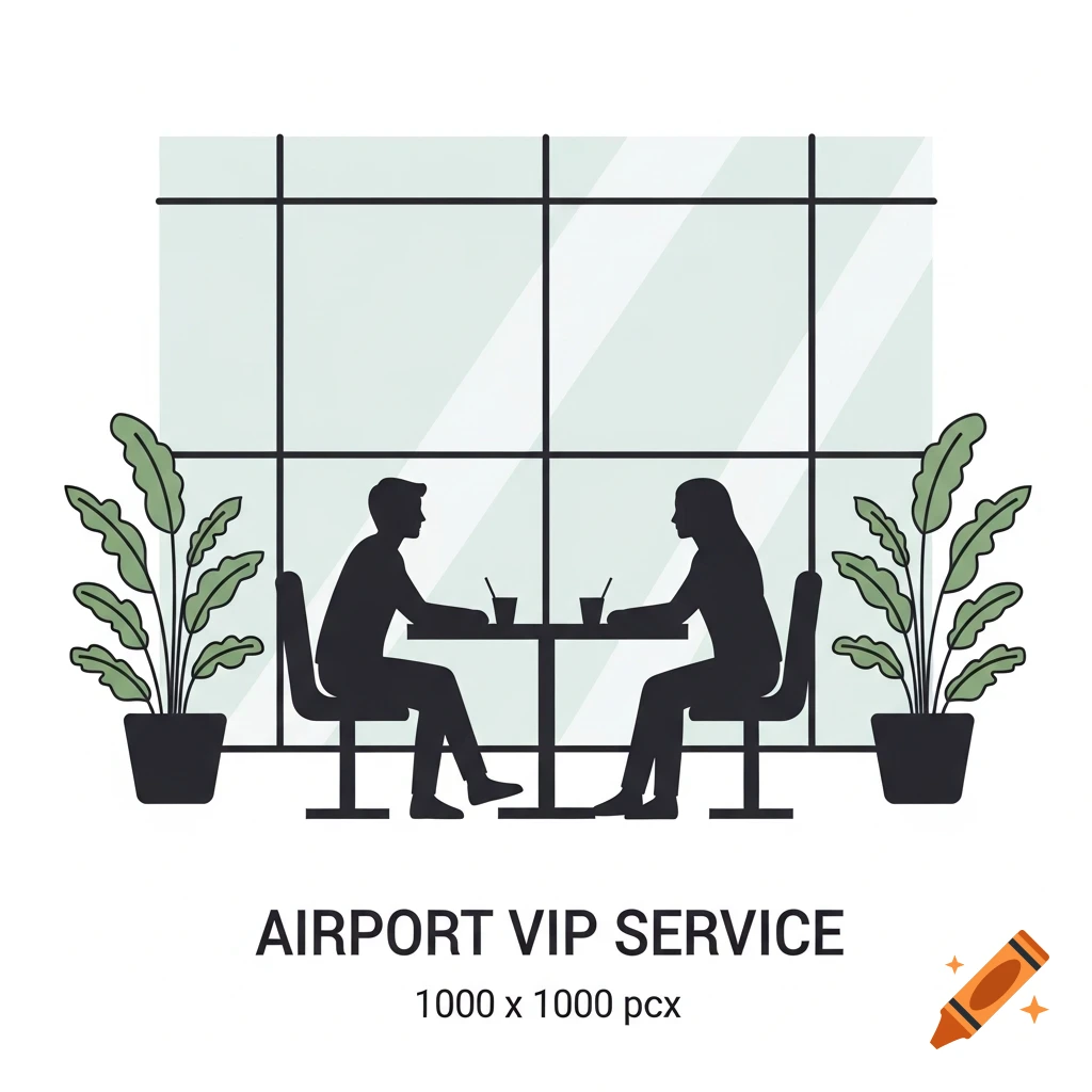 A minimalistic vector icon showing two silhouetted people sitting at a table in an airport VIP lounge with plants and a window.