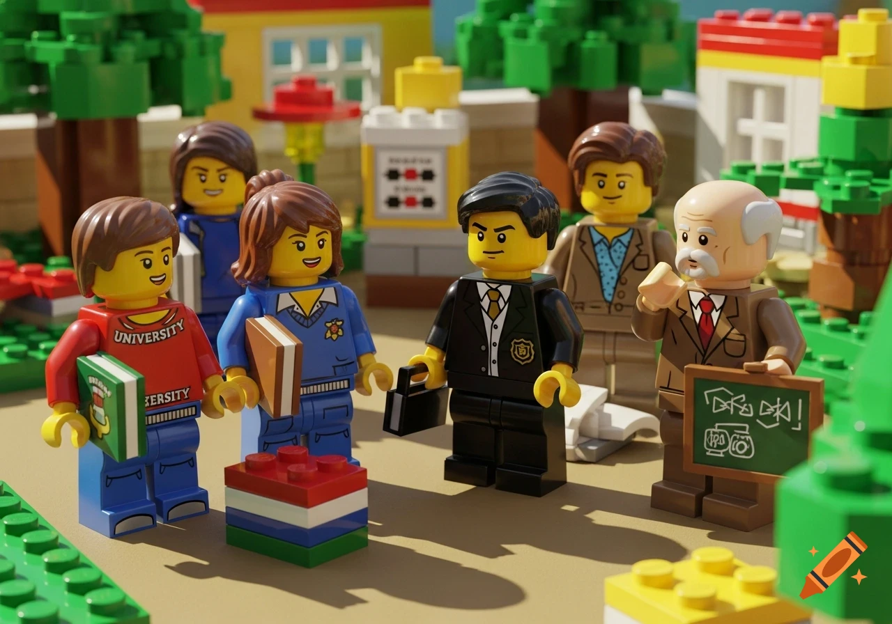 Lego figures representing students, a prosecutor, and a bald professor in a schoolyard setting with trees and buildings in the background.