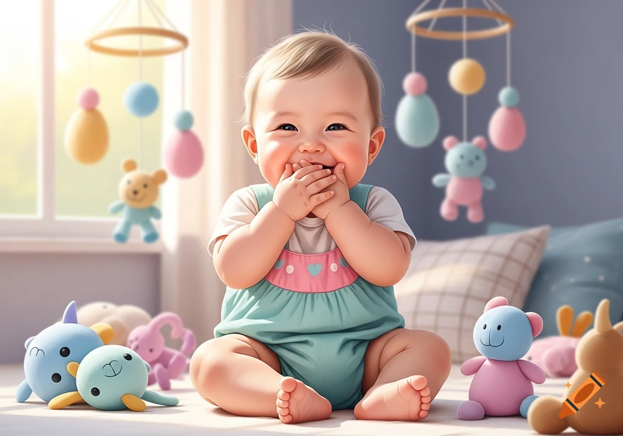 A happy baby sits on the floor, hands covering its mouth as if giggling, surrounded by colorful stuffed toys in a brightly lit room.