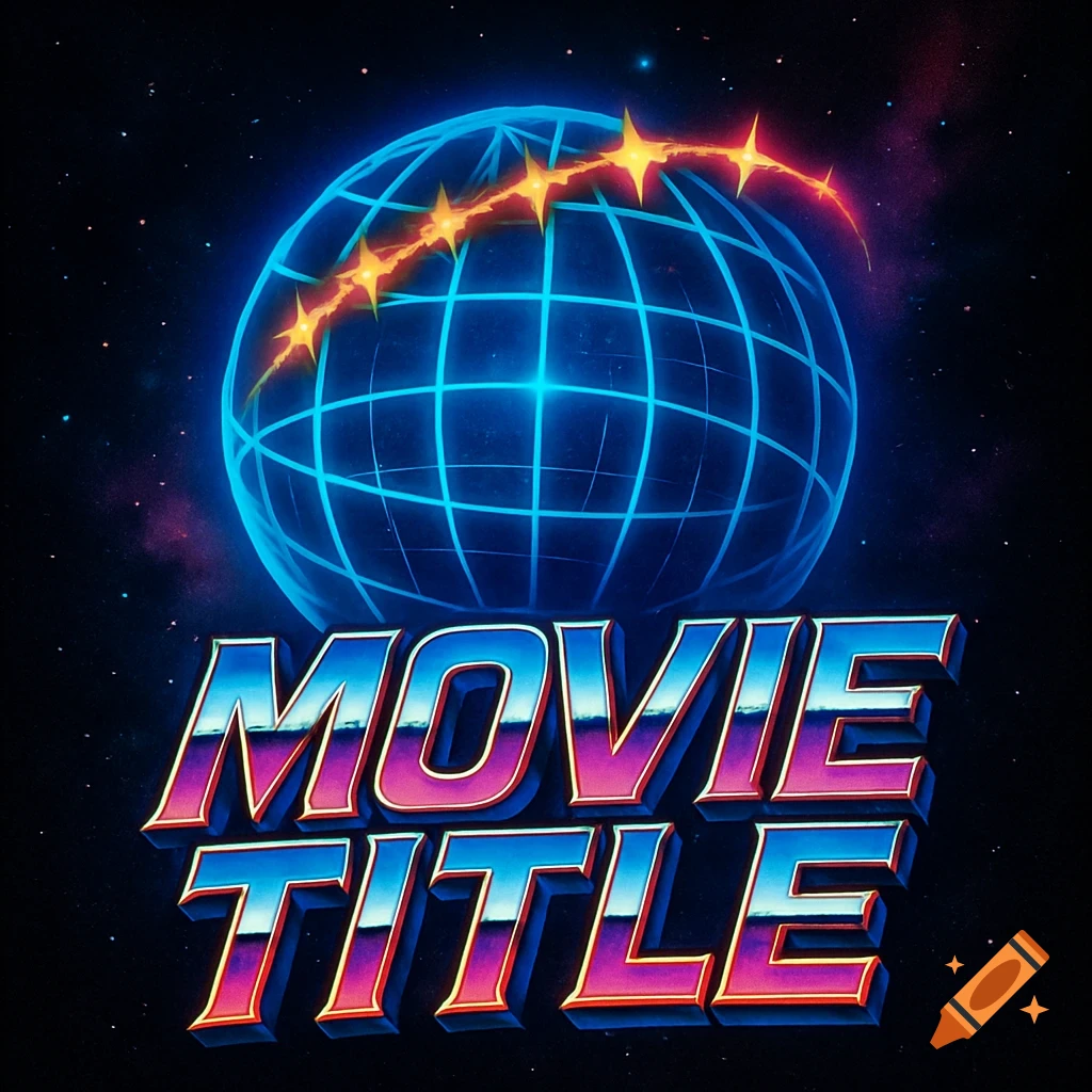 An 80s retro-style movie logo featuring a glowing blue wireframe globe with a trail of orange stars, above large metallic pink and blue text reading 'MOVIE TITLE' against a starry space background.