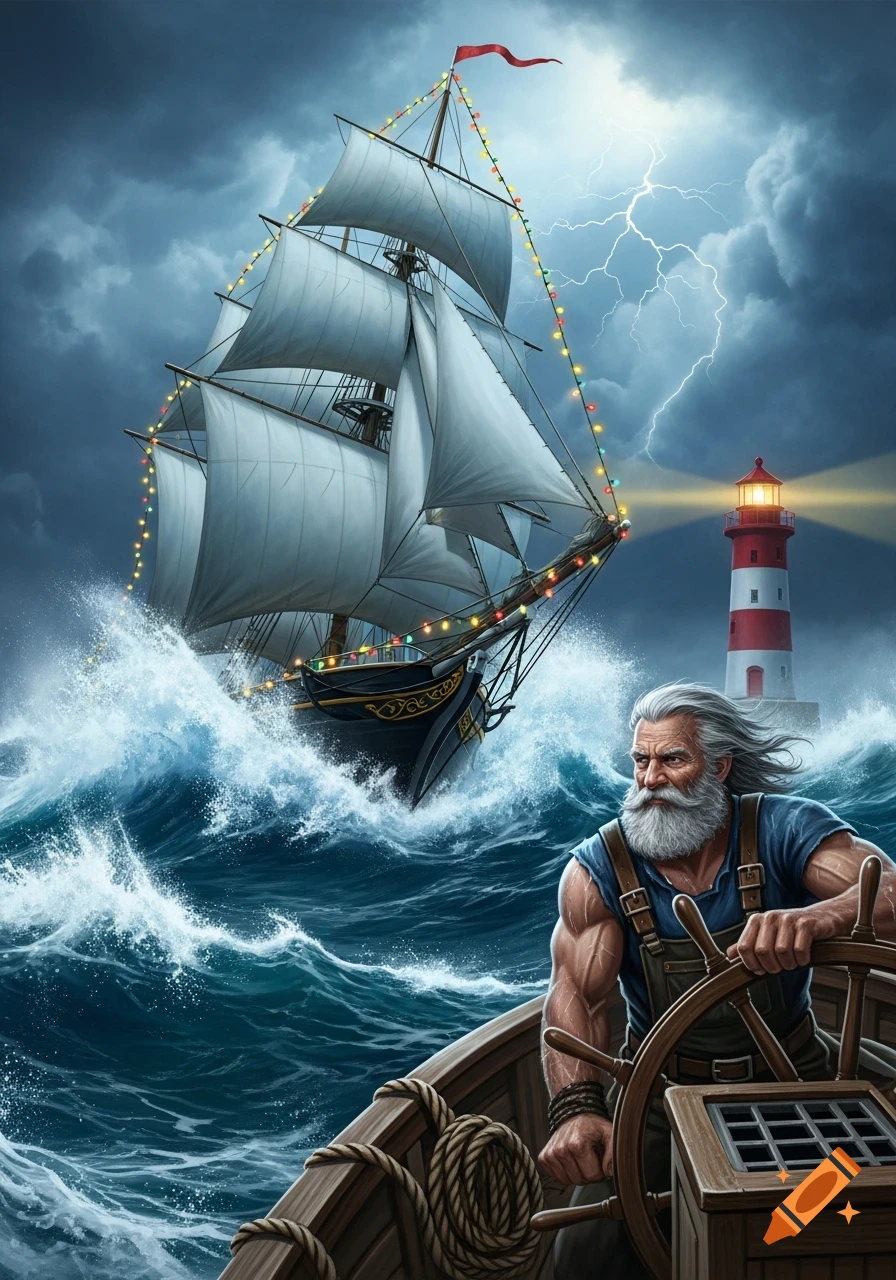 A strong, bearded sailor steers a small boat in a stormy sea with a large, Christmas-light-decorated sailing ship and a lighthouse in the background.