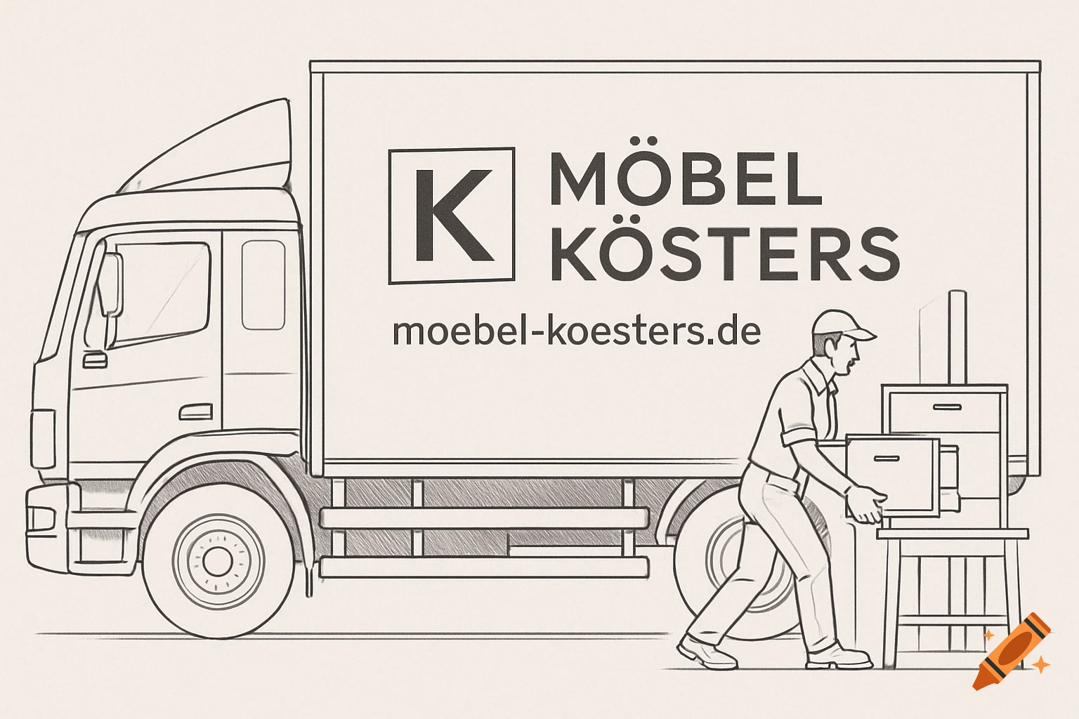 Line art illustration of a moving truck with the 'MÖBEL KÖSTERS' logo, being loaded by a worker with furniture.