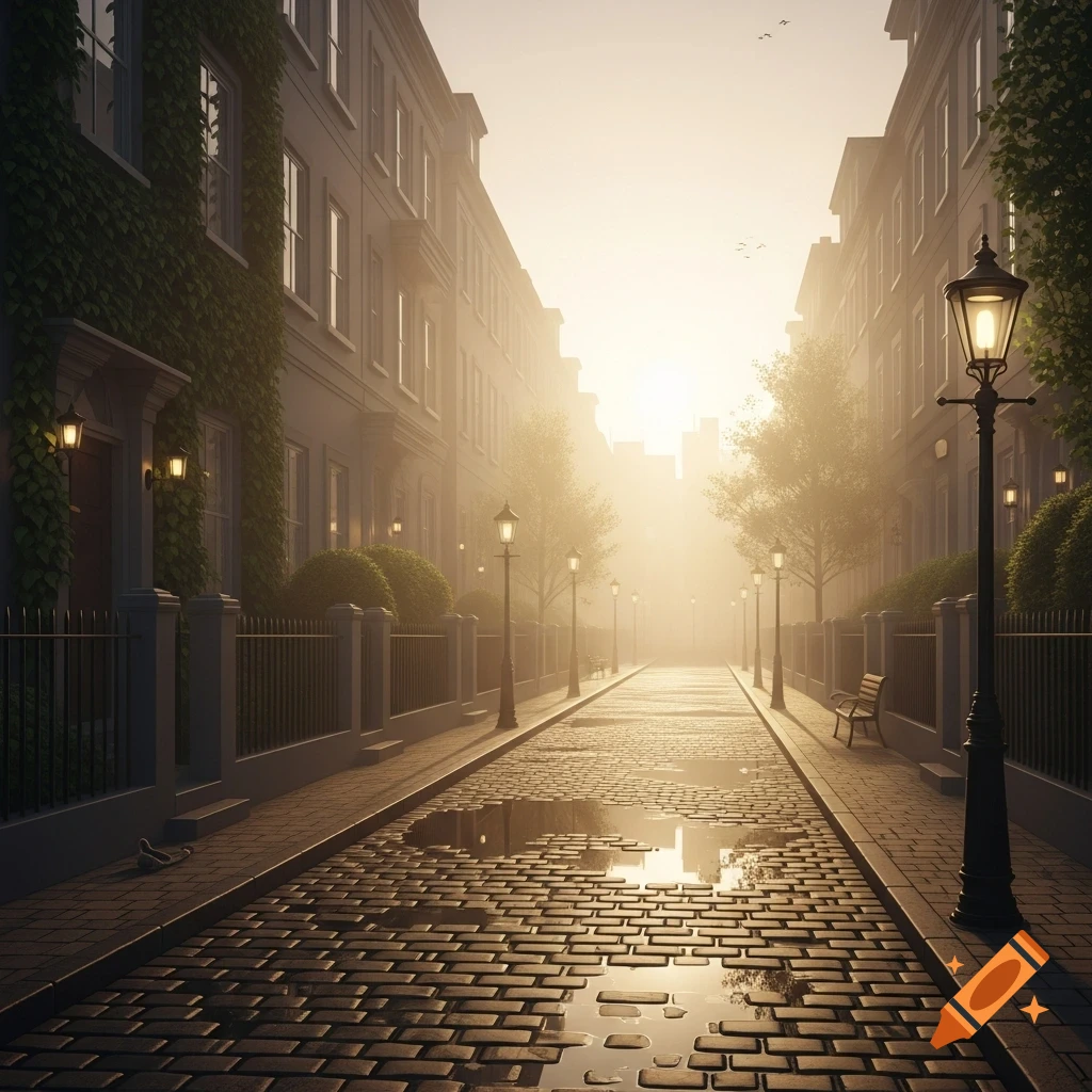 Misty cobblestone city street at sunrise, warm light reflecting in puddles, lined with buildings, trees, and glowing streetlights.