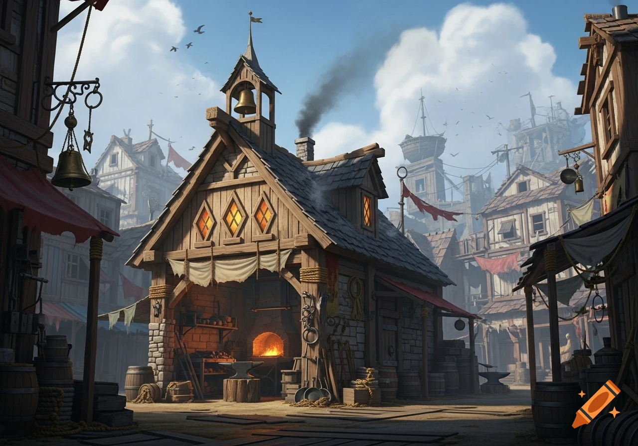A rustic blacksmith shop with a bell spire in a busy shanty pirate town under a blue sky, detailed and vibrant.