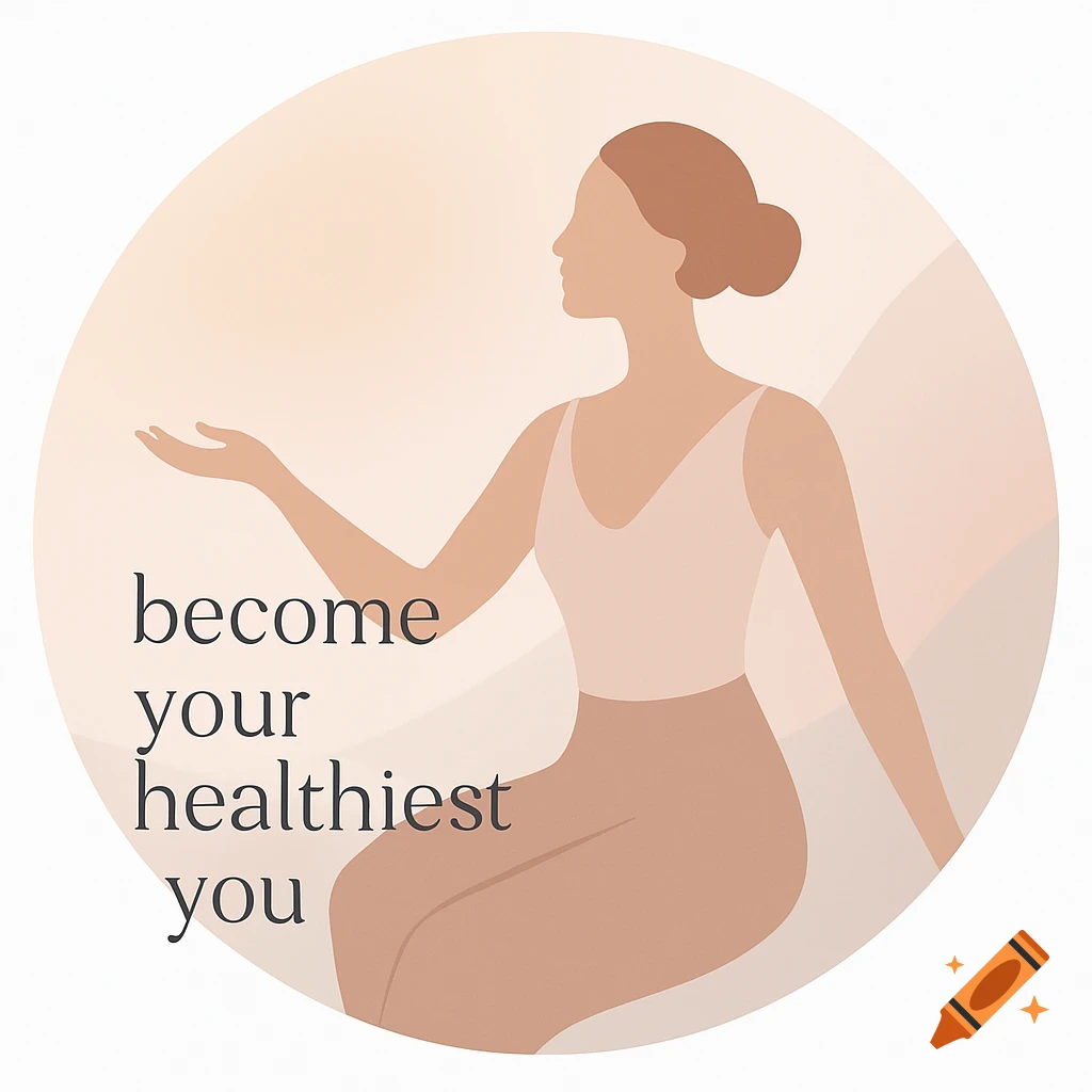 Circular minimalist vector illustration of a feminine silhouette with 'become your healthiest you' text, on a peach and beige background.