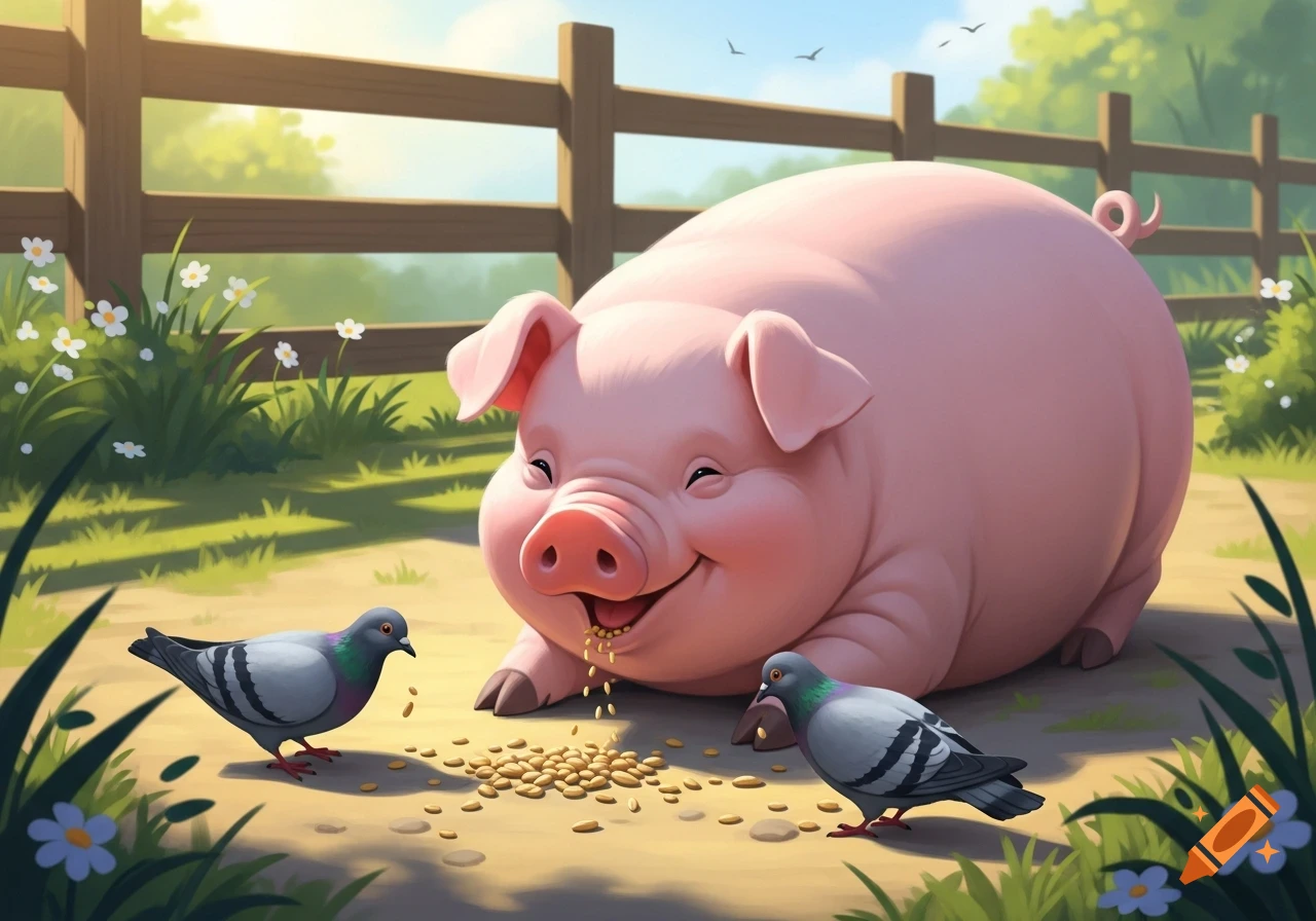 A cute, smiling pink pig eats grains with two pigeons on a sunny farm path in a cartoon style.