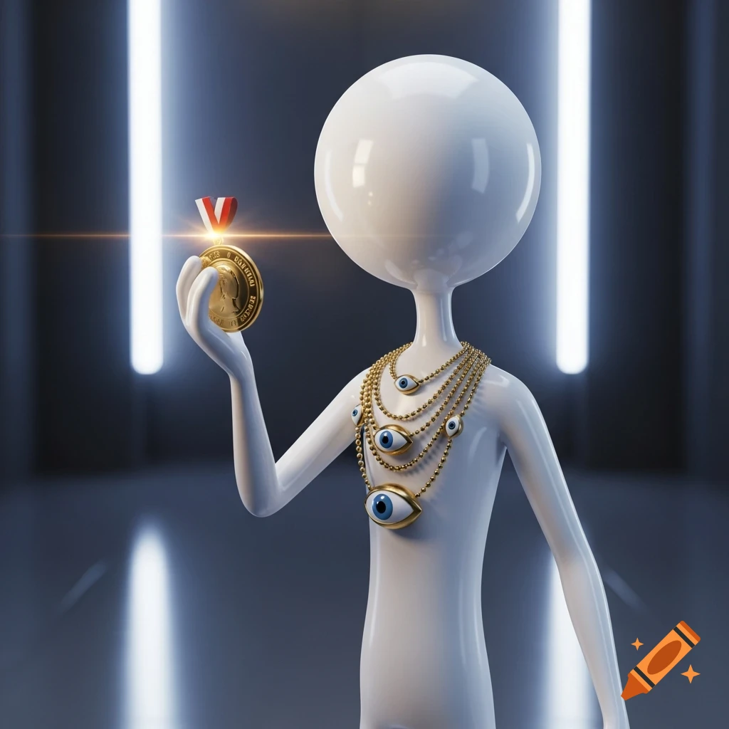 A white, faceless 3D stickman wearing golden necklaces with blue eyes holds a gleaming gold medal with a red and white ribbon.