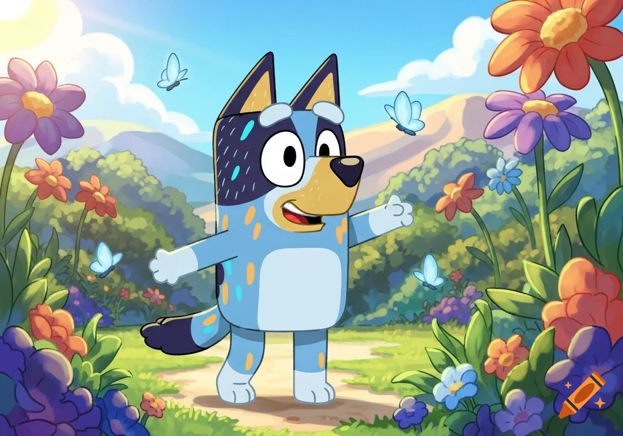 Bluey, a blue cartoon dog, stands in a vibrant field with colorful flowers and butterflies under a blue sky.