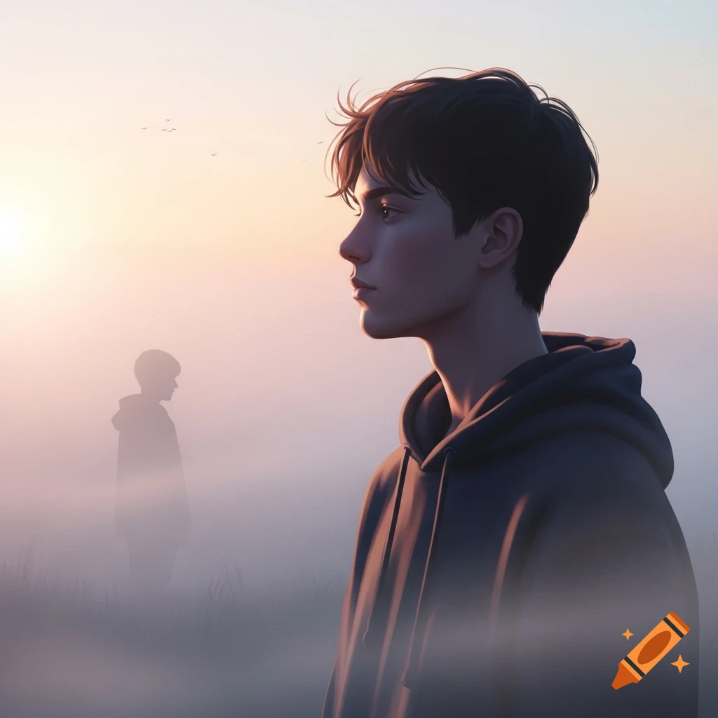 A stylized portrait of a thoughtful young person in a hoodie, looking left, against a misty dawn landscape with a blurred silhouette behind.