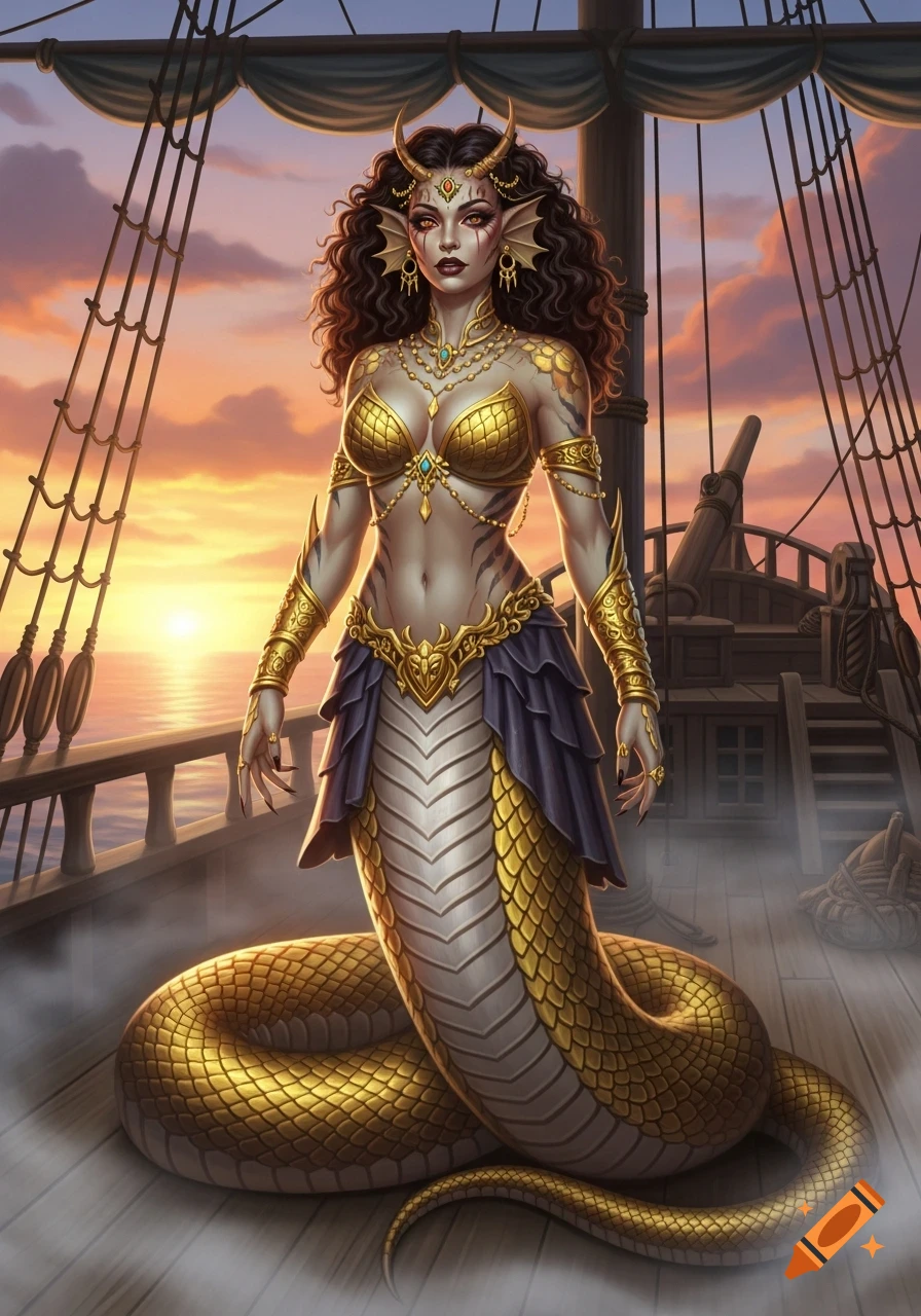 A fantasy portrait of a snake-woman (Yuan-ti) pirate with gold scales and jewelry on a ship deck at sunset.
