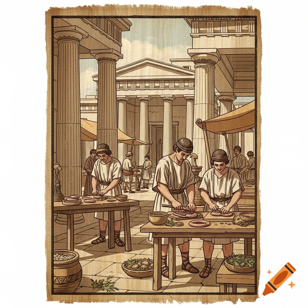 Illustration on papyrus depicting ancient Greeks preparing sausages at tables in a market square with grand buildings.