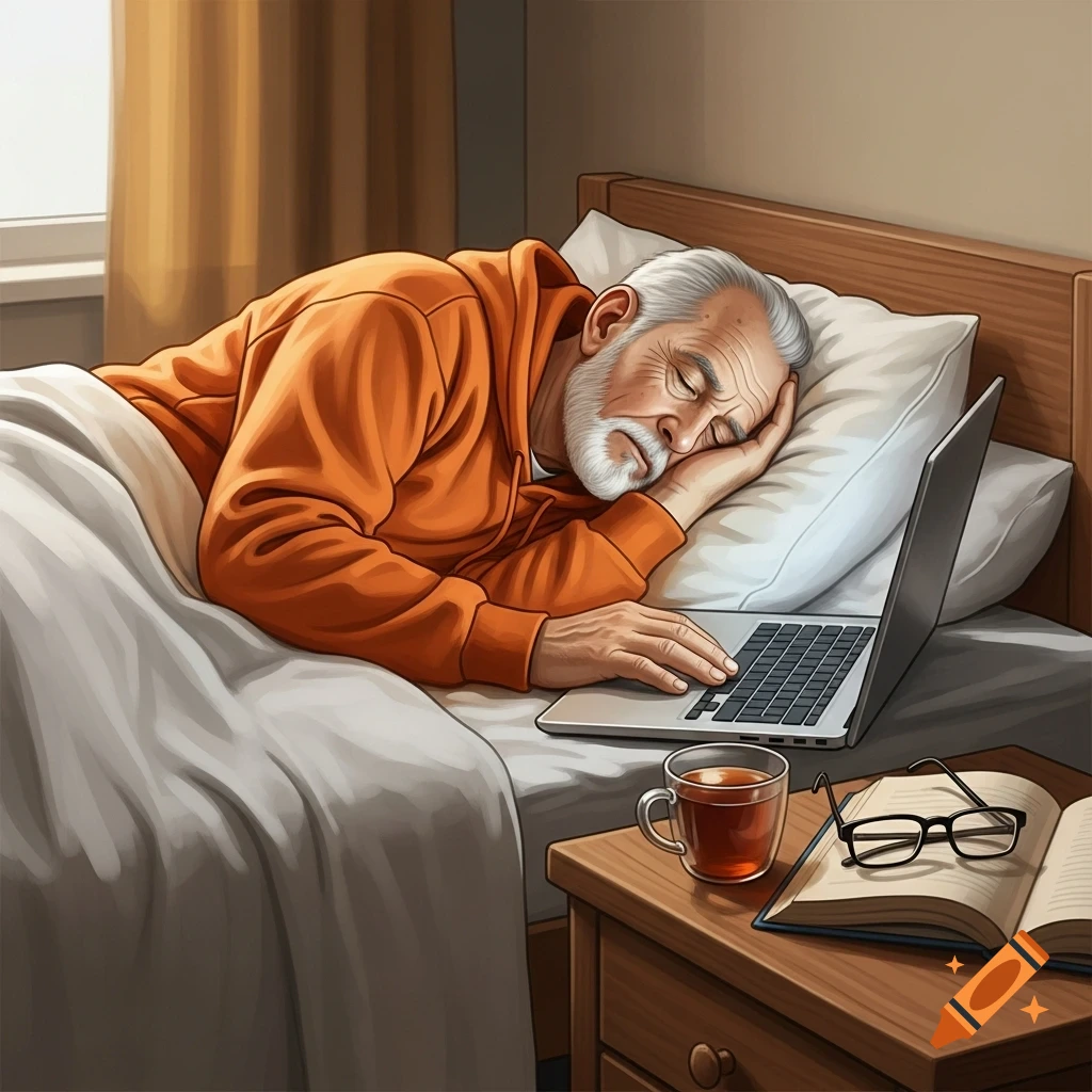 An illustrative image of a bearded old man in an orange hoodie sleeping in bed next to a laptop, with a cup of tea and a book on a nightstand.