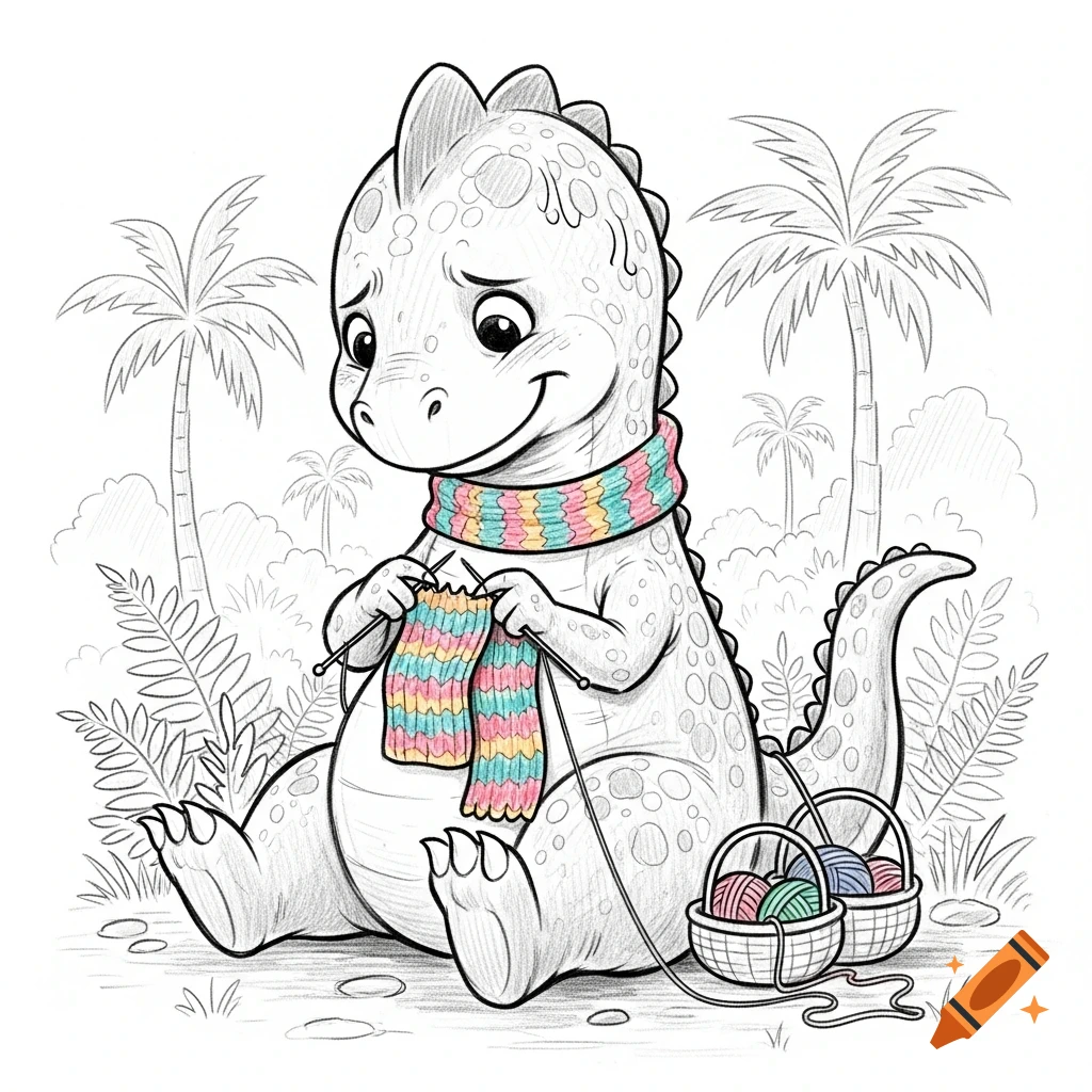 A cute cartoon dinosaur sits knitting a colorful striped scarf. It's a line art drawing with some color, set in a jungle.