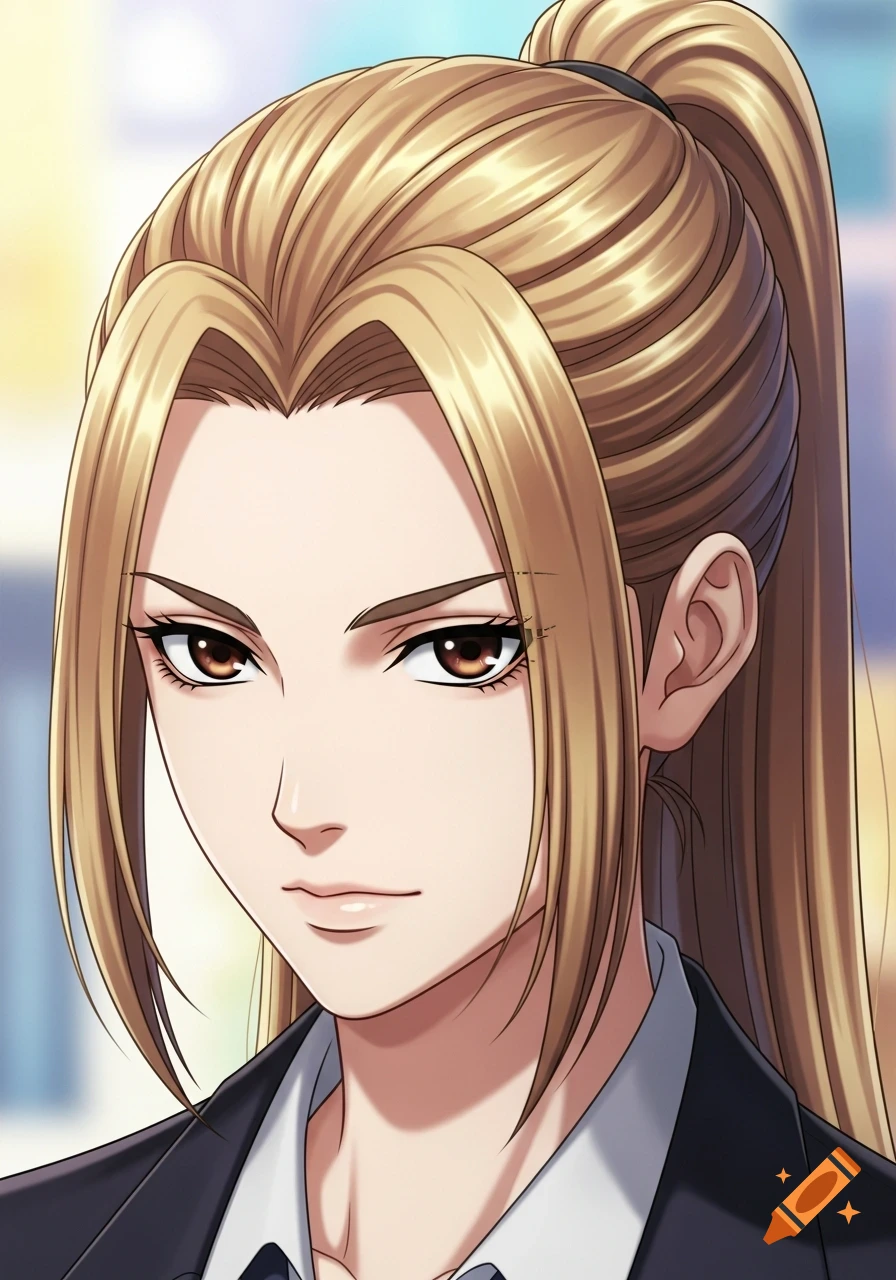 Anime portrait of a woman with long blonde hair in a slicked-back ponytail, brown eyes, and a serious expression, wearing a dark suit.