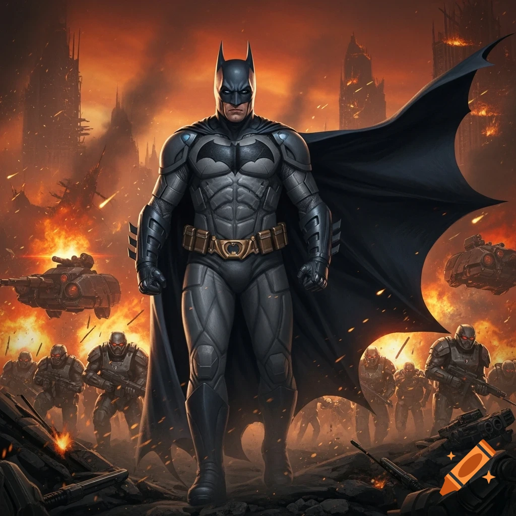 Batman stands heroically in a fiery, war-torn cityscape filled with armed soldiers and tanks.