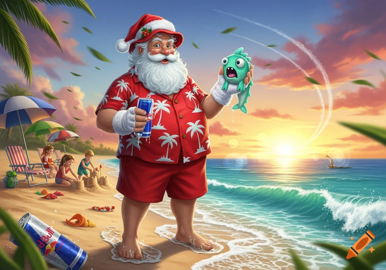 A cartoon illustration of Santa Claus on a tropical beach, holding a Red Bull can and a surprised green monster fish, with children playing in the sand.