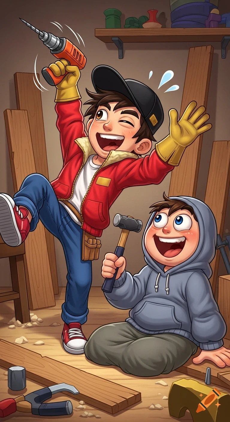 Two excited cartoon boys in a messy workshop. One winks, holding a drill, while the other sits laughing with a hammer.