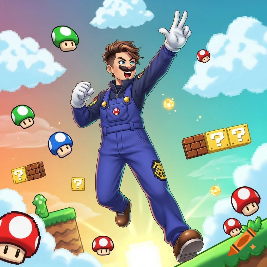 A non-binary Super Mario-inspired character in blue overalls and an undercut hairstyle leaps amidst pixelated clouds, mushrooms, and question blocks.