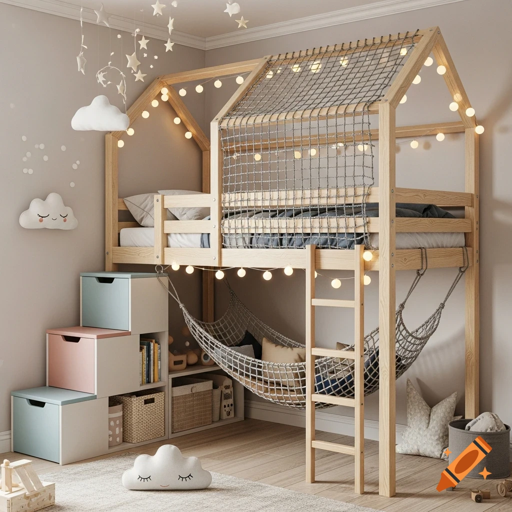 A cozy child's bedroom features a wooden house-shaped bunk bed with a safety net, a ladder, and a hammock underneath. Colorful storage bins and cloud-shaped decorations adorn the room, creating a playful and inviting space.