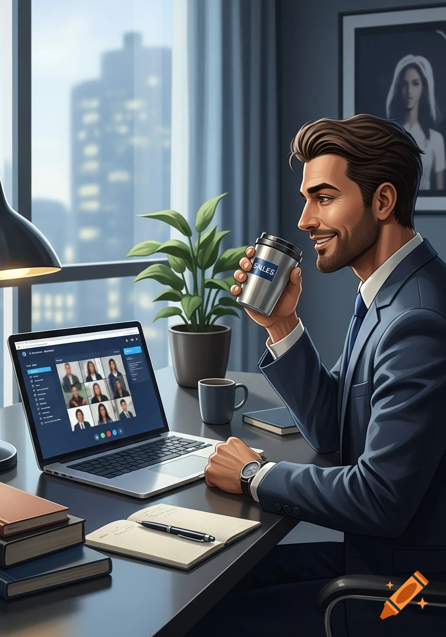 A smiling man in a suit sips coffee from a 'SALES' cup while looking at a laptop displaying an online video meeting, in a modern office.