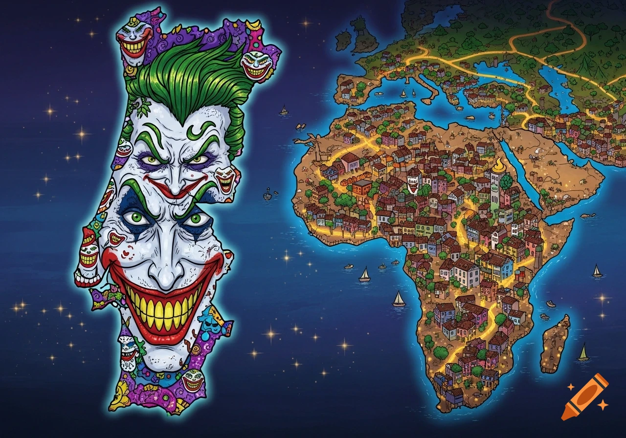 A cartoon map of Portugal as the Joker's face, next to a detailed map of Europe and Africa with numerous stylized buildings.