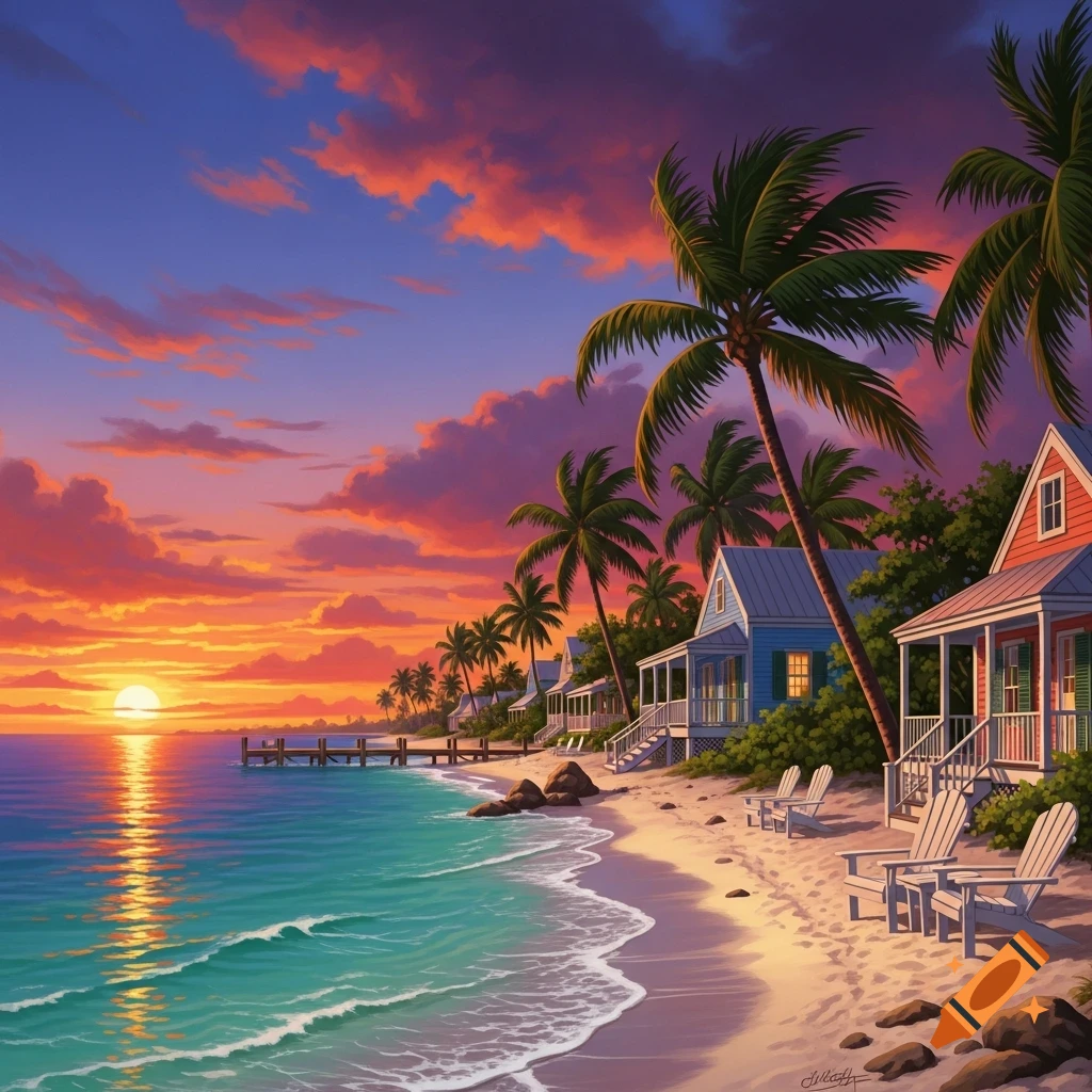 A vibrant, colorful sunset over a tropical beach with palm trees, houses, and a pier extending into the teal ocean.