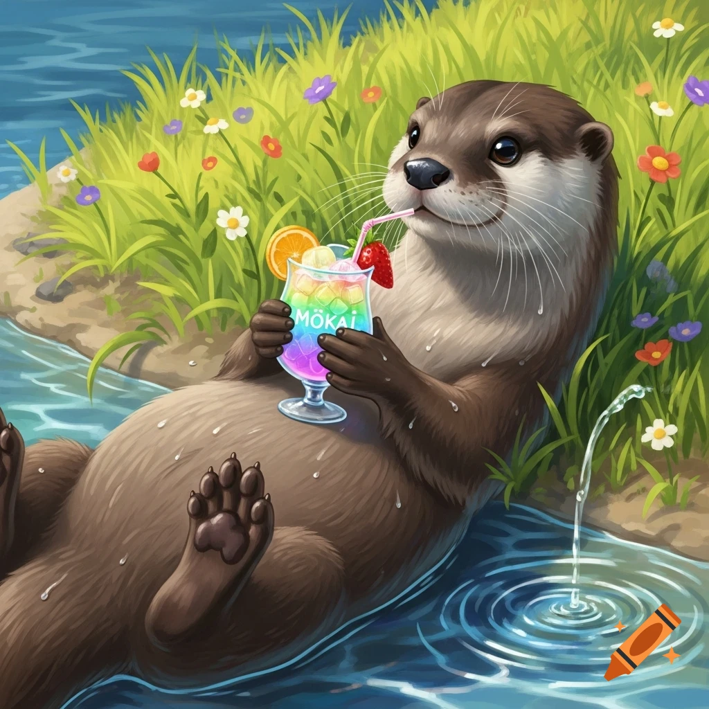 A cute otter lies on its back in a stream, holding a colorful M mökai cocktail with a straw and fruit garnish, surrounded by grassy banks and wildflowers.