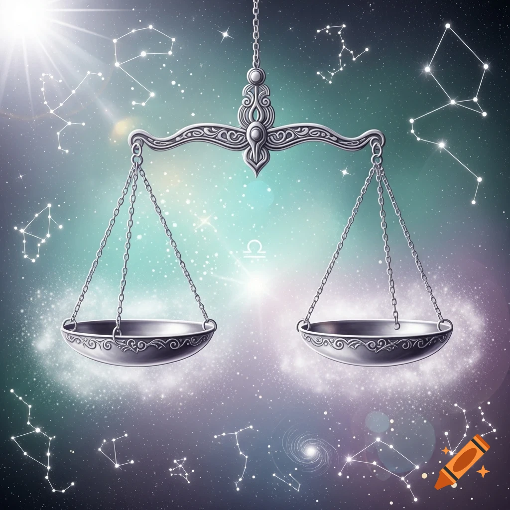 A detailed silver Libra scale centered in a shimmering cosmic nebula with starry constellations.