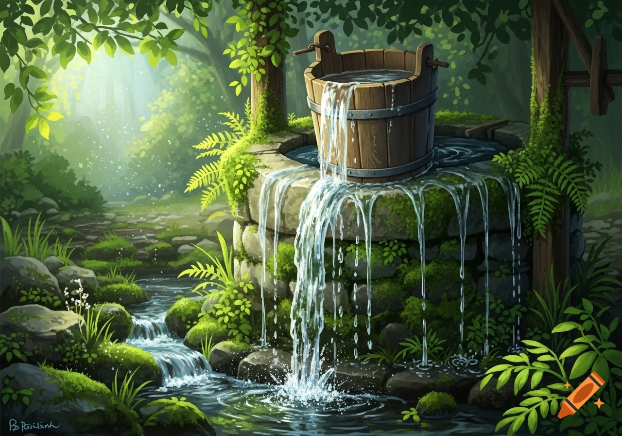 Whimsical forest scene with a wooden bucket overflowing on a mossy stone well, creating a small waterfall into a stream.