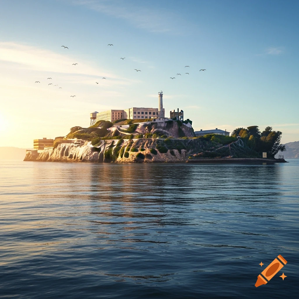 Photorealistic view of Alcatraz Island at sunrise, with its buildings atop a rocky outcrop, surrounded by calm ocean water.