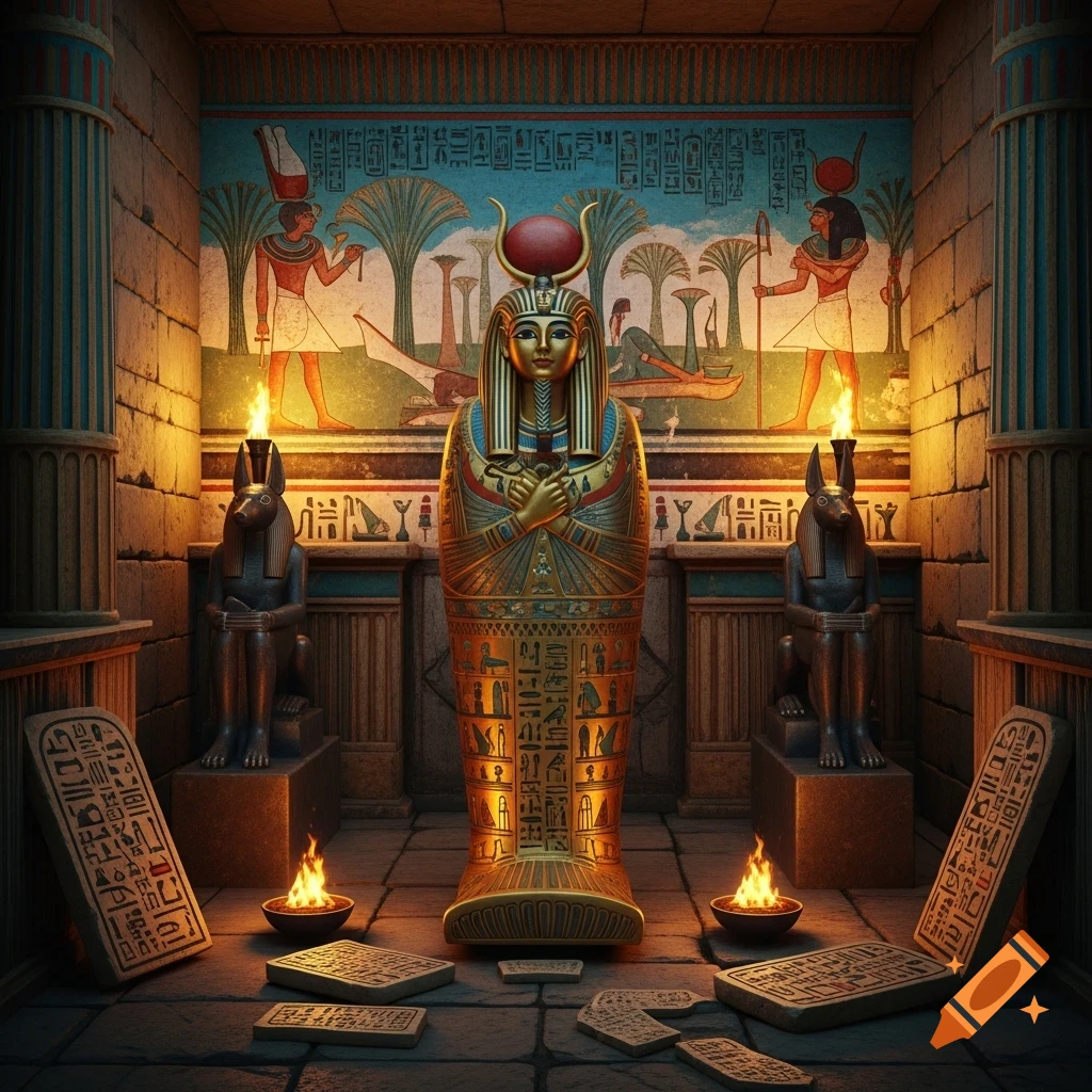 A golden sarcophagus with hieroglyphs stands centrally in an ancient Egyptian tomb, flanked by Anubis statues and flickering fires.