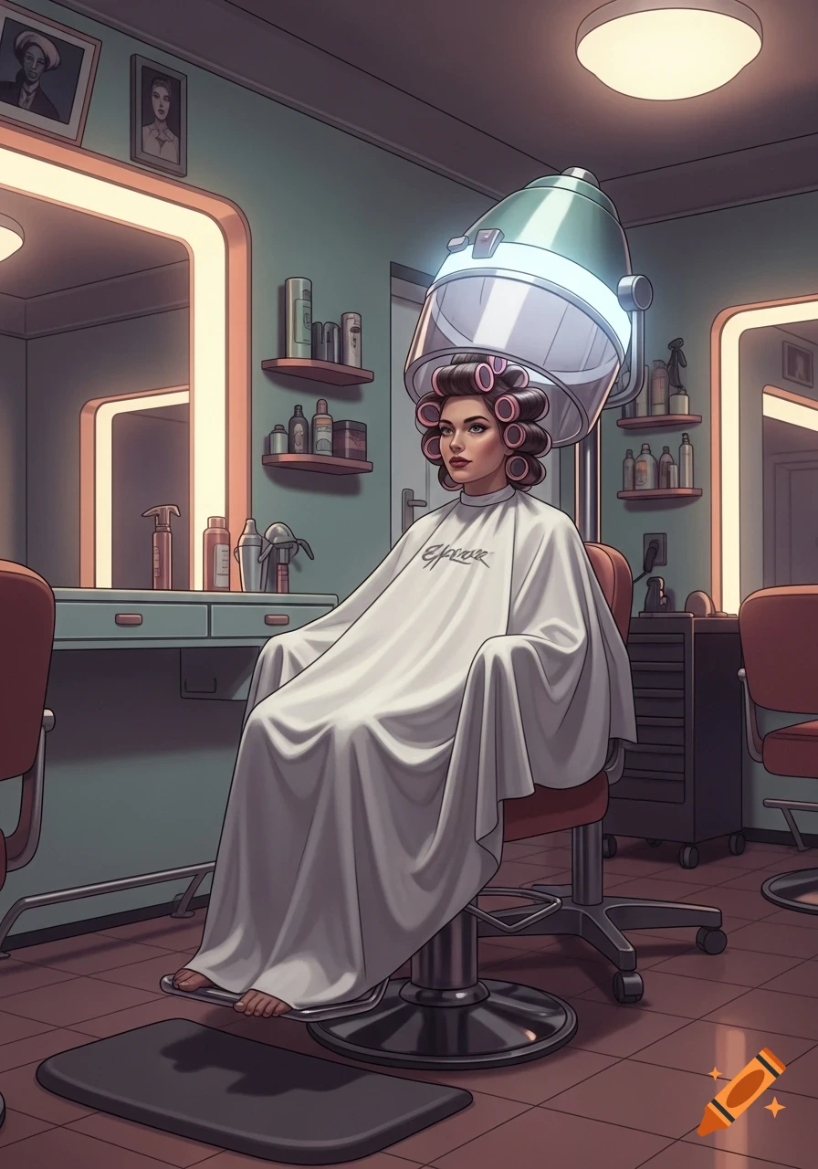 A woman with hair curlers under a dryer, wearing a white cape, sits in a retro-style hair salon. Stylized illustration.