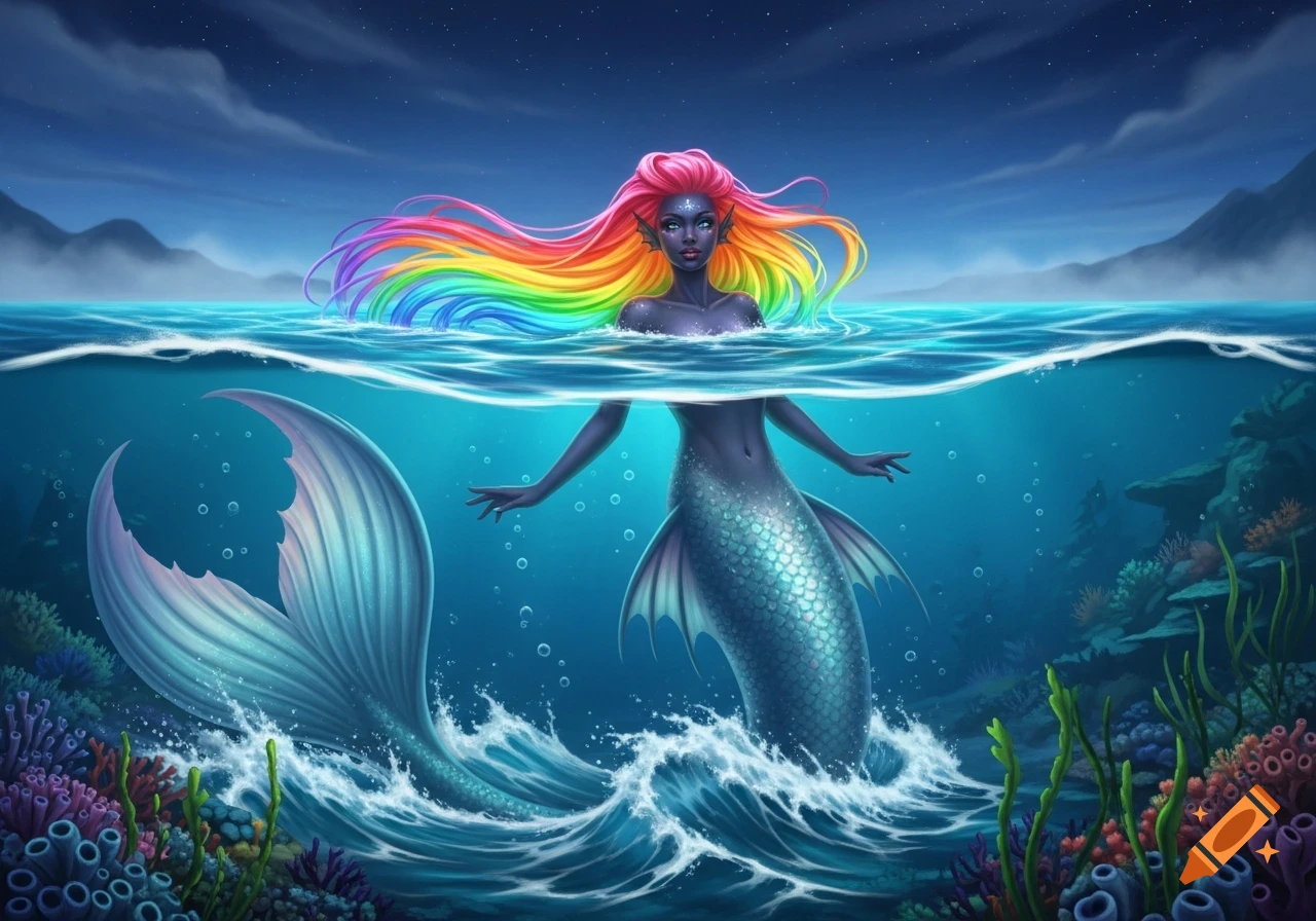 Digital art of a dark-skinned mermaid with rainbow hair, emerging from blue water, with a shimmering tail and coral reefs below a starry sky.