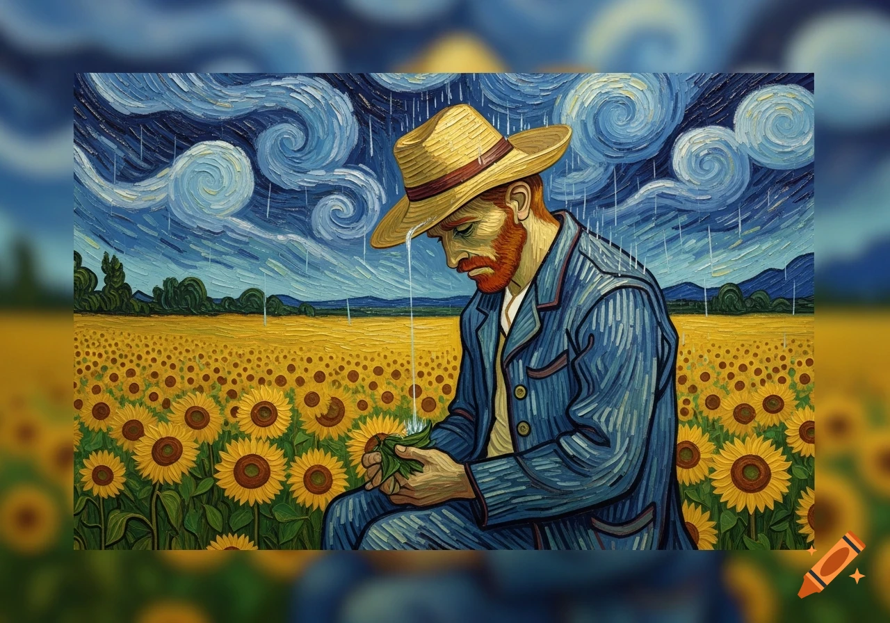 Van Gogh-style painting of a sad man in a hat in a sunflower field under a stormy, swirling sky.