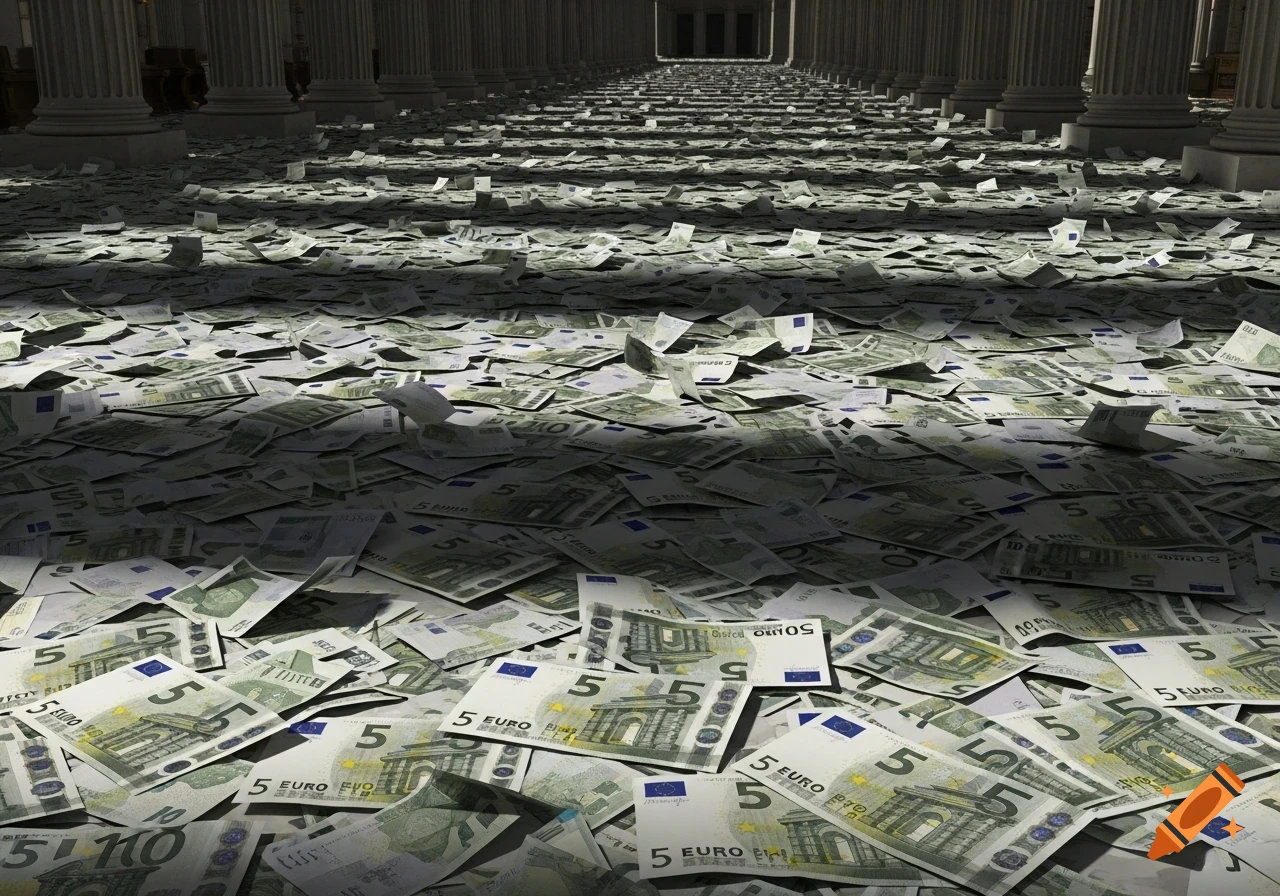 Thousands of 5 Euro banknotes scattered across the floor of a vast, columned hall, with light rays illuminating sections.