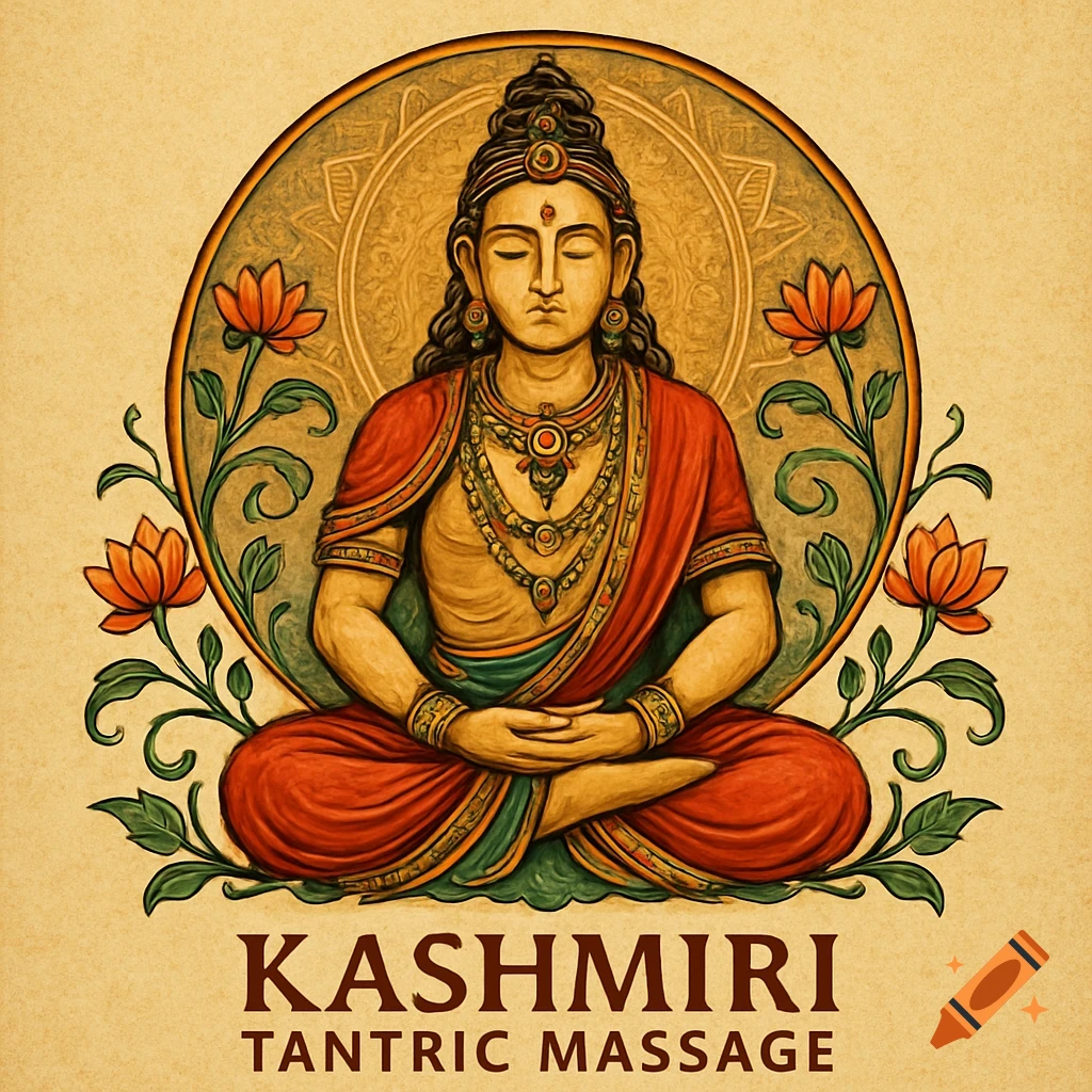 Stylized illustration of a meditating figure in red robes, ornate jewelry, and a mandala background, flanked by lotus flowers. Text reads "KASHMIRI TANTRIC MASSAGE".