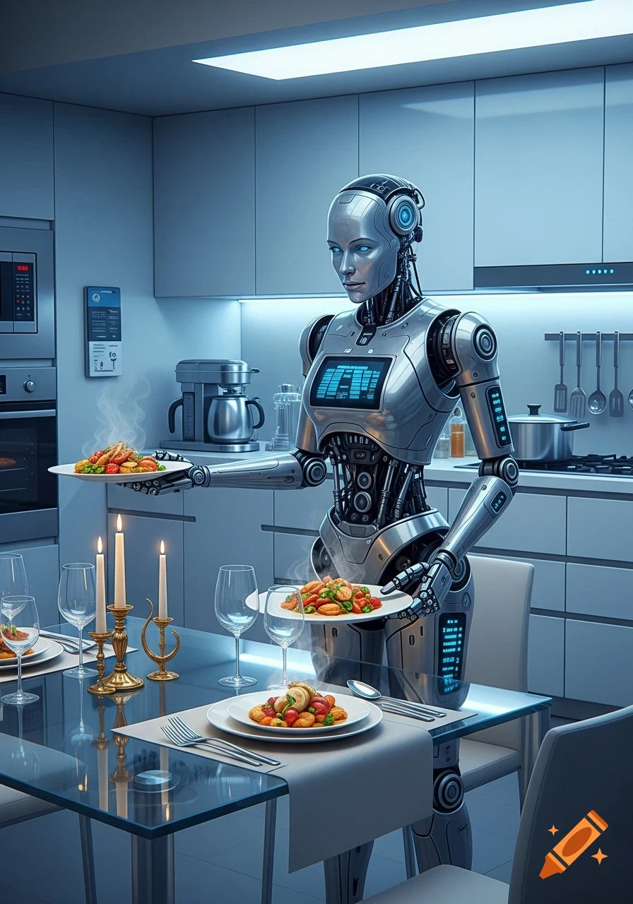 A photorealistic metallic humanoid robot serves steaming food on plates in a modern, brightly lit kitchen with a set table.