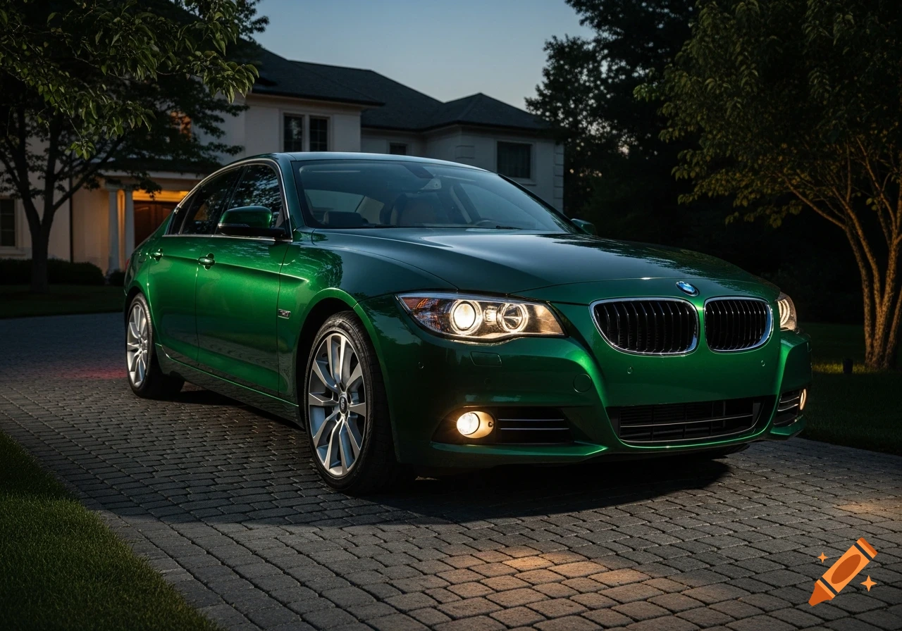An elegant emerald green BMW sedan car parked on a cobblestone driveway in front of a house at dusk.