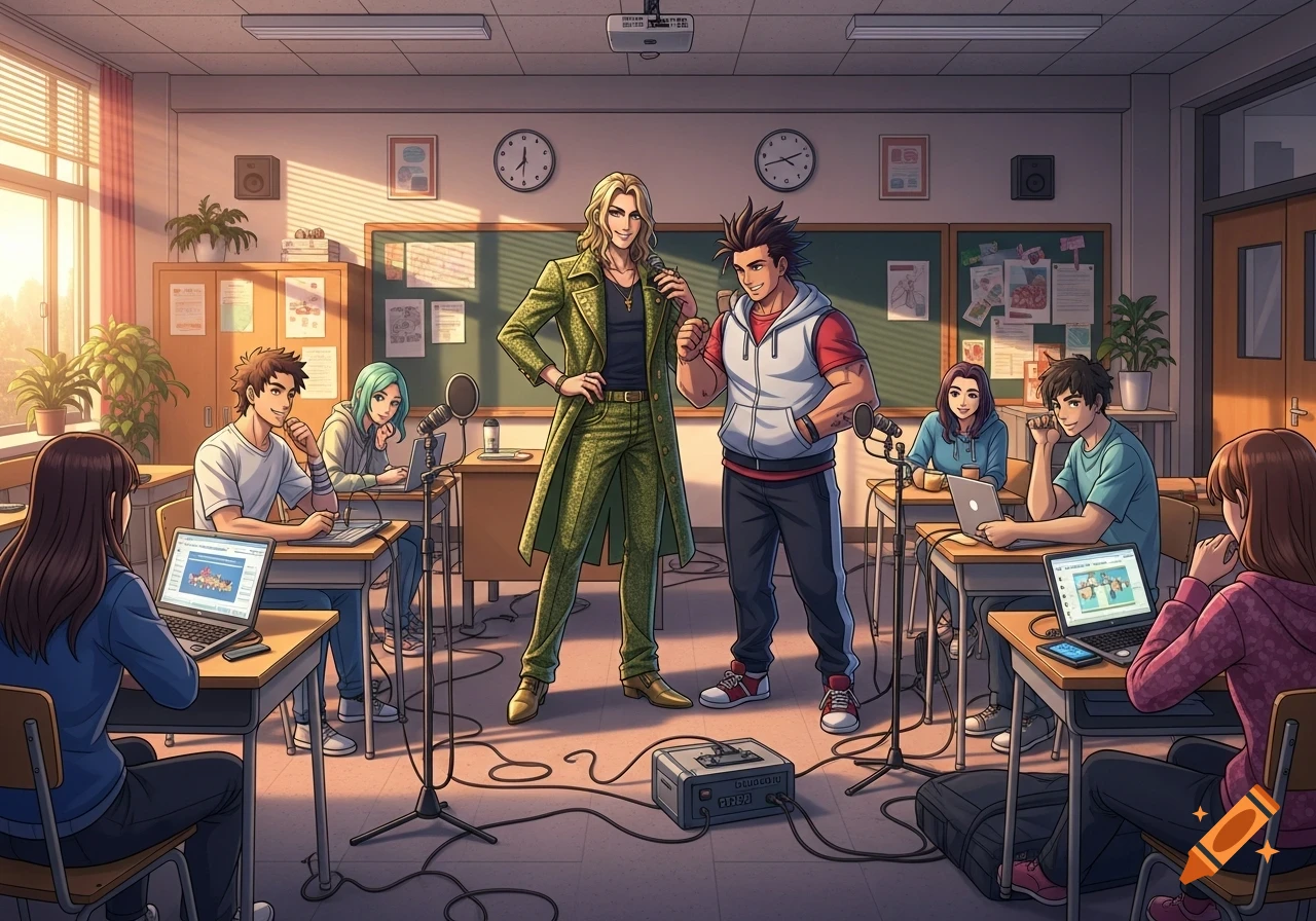 An anime-style classroom scene with two prominent male figures holding microphones, surrounded by students at desks with laptops and podcast equipment.