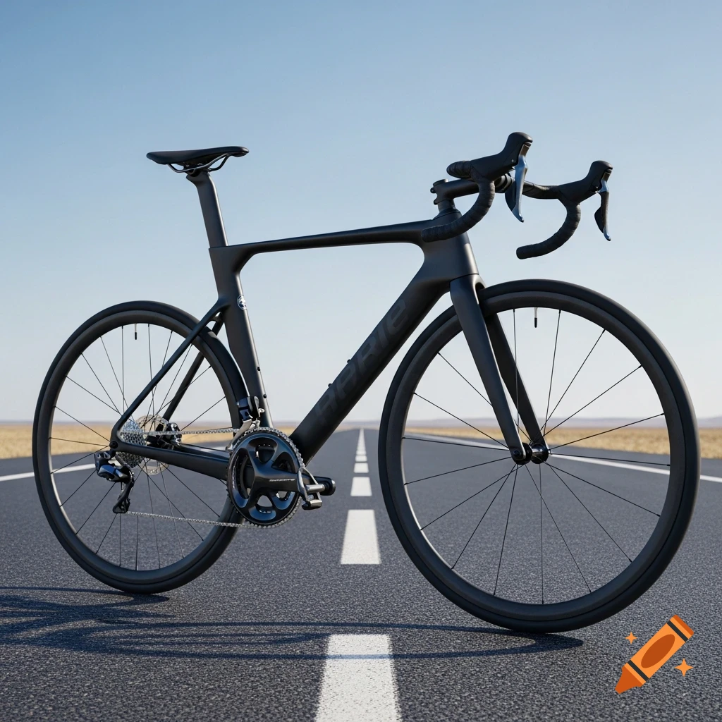 A sleek black aero road bike stands on an empty asphalt road with white lines under a clear blue sky.