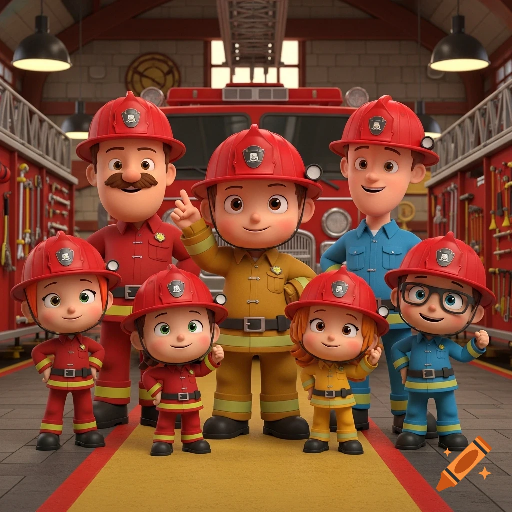 Seven cheerful cartoon firefighters, including adults and children, pose inside a fire station with a red fire truck in the background.