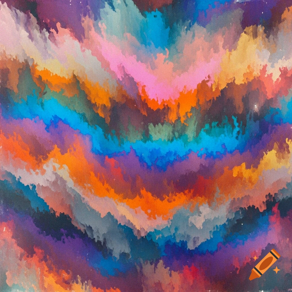 A textured, grainy, distorted background features wavy, blending washes of vibrant colors like pink, orange, blue, purple, and green.
