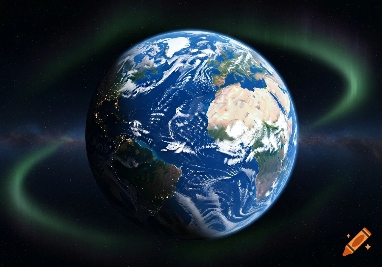 Photorealistic view of Earth from space, showing continents, clouds, city lights on the night side, and a green aurora band.