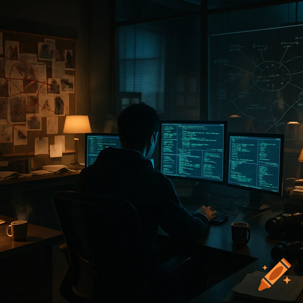 A person viewed from behind, working on multiple glowing computer screens in a dark, atmospheric office resembling a crime investigation headquarters, with cork boards and diagrams.