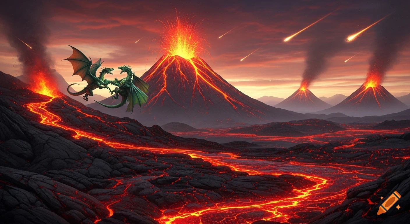 Two dragons battle above a landscape of erupting volcanoes, flowing lava, and falling meteors under a dramatic red sky.