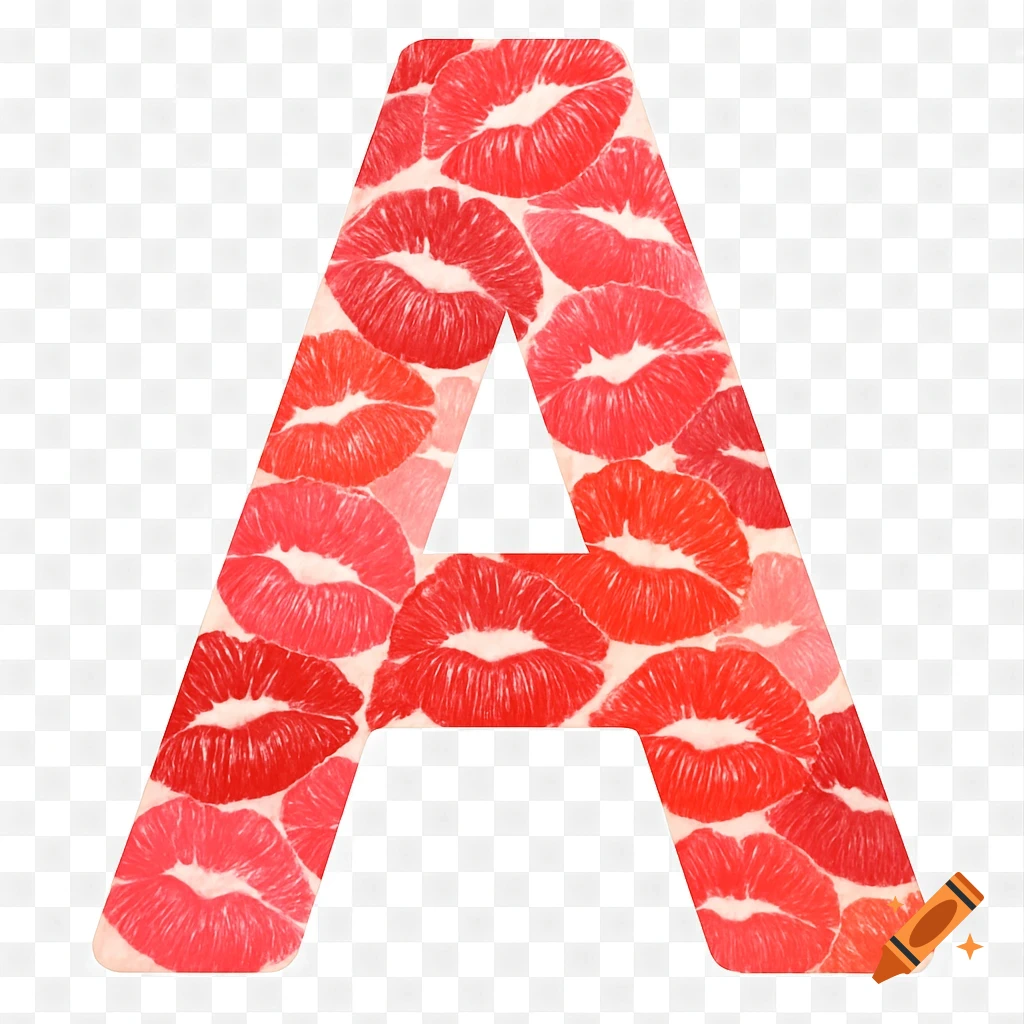 A large capital letter A filled with red and pink lipstick kiss imprints, on a transparent background.